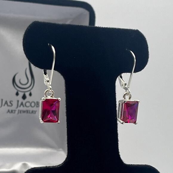 Beautiful 3.5ctw Emerald Cut Ruby Earrings in Sterling Silver - Picture 2 of 4